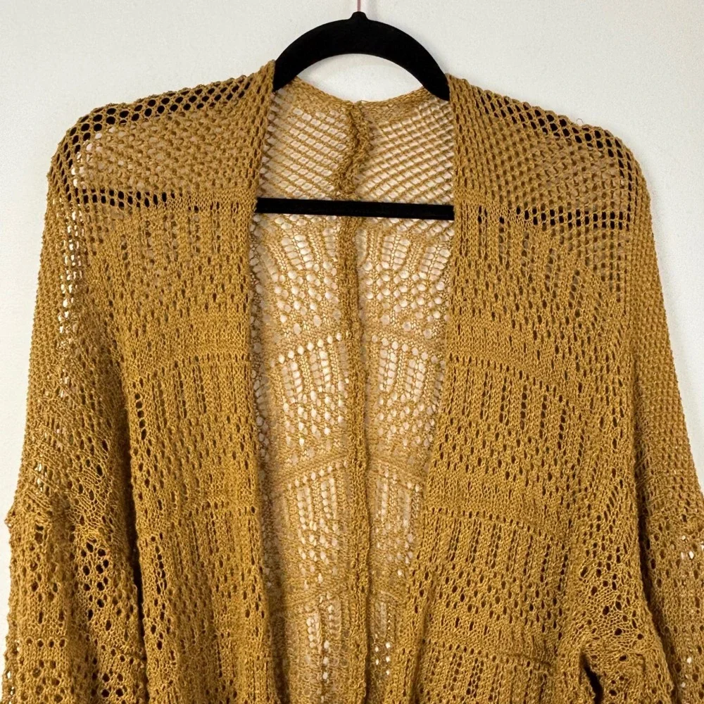 Mustard Yellow Open Knit Netted Crochet Cardigan Boho Coastal Kimono Cottage OS